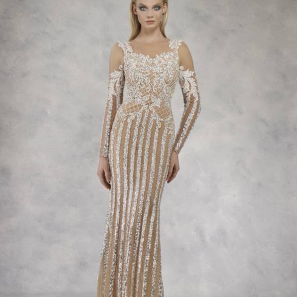 Janique 1936 Nude Illusion Gown | Beaded Formal Wedding Prom Evening Dress